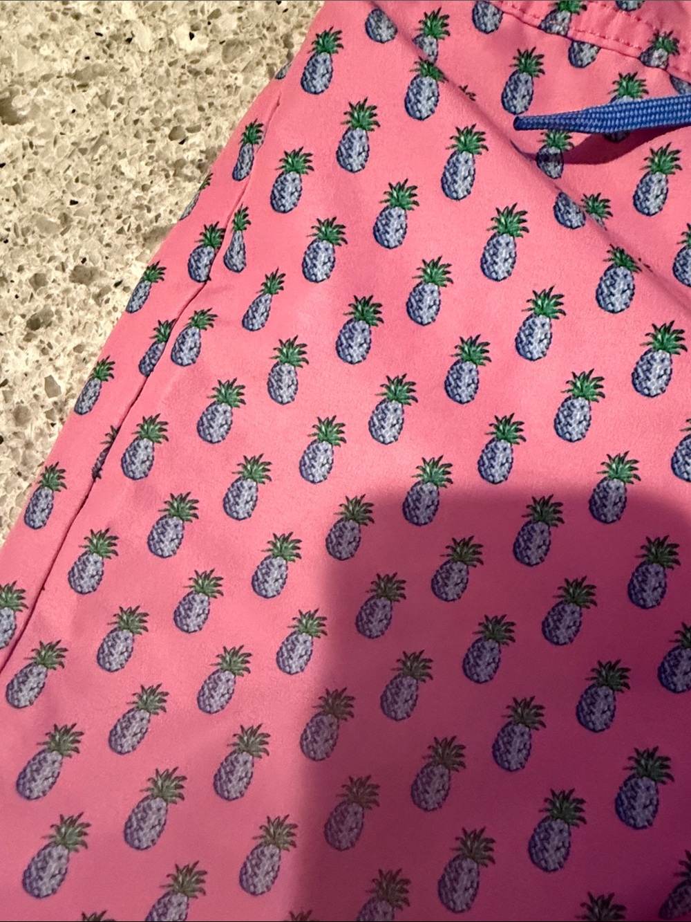 Polo by Ralph Lauren Pink Pineapple Print Boys' Swim Trunks with Blue Trim - Picture 2 of 6